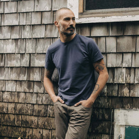 fit model wearing The Organic Cotton Tee in Navy, Knits by Taylor Stitch