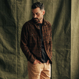 fit model in The Saddler Shirt in Dark Roast Plaid Cord, Wovens by Taylor Stitch