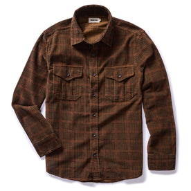 flatlay of The Saddler Shirt in Dark Roast Plaid Cord, shown in full, Wovens by Taylor Stitch