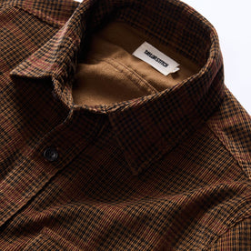 material shot of the collar on The Saddler Shirt in Dark Roast Plaid Cord, Wovens by Taylor Stitch