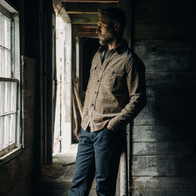 fit model in The Saddler Shirt in Teak Plaid Cord, Wovens by Taylor Stitch