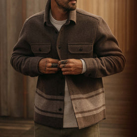 fit model buttoning The Ranger Shirt in Sable Heather Blanket Stripe Wool, Outerwear by Taylor Stitch