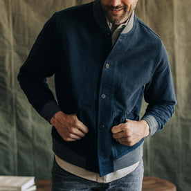 fit model showing the front of The Bomber Jacket in Dark Navy Moleskin, Outerwear by Taylor Stitch