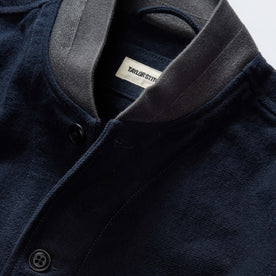 material shot of the collar on The Bomber Jacket in Dark Navy Moleskin, Outerwear by Taylor Stitch