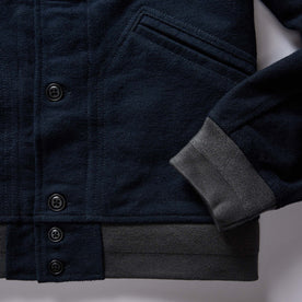 material shot of the ribbed cuffs and hems on The Bomber Jacket in Dark Navy Moleskin, Outerwear by Taylor Stitch