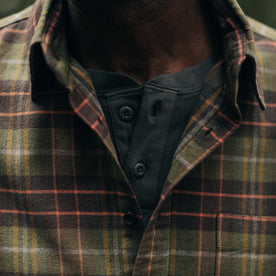 fit model showing the front of The California in Tarnished Brass Plaid, Wovens by Taylor Stitch