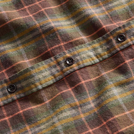 material shot of the dark horn buttons on The California in Tarnished Brass Plaid, Wovens by Taylor Stitch