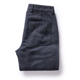 flatlay of The Camp Pant in Navy Nep Wool, shown folded from the back, Bottoms by Taylor Stitch