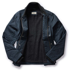 flatlay of The Deck Jacket in Dark Navy Dry Wax, shown open, Outerwear by Taylor Stitch