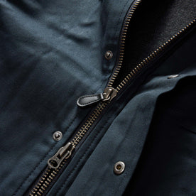 material shot of the two-way separating zipper on The Deck Jacket in Dark Navy Dry Wax, Outerwear by Taylor Stitch