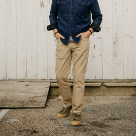 fit model in The Democratic All Day Pant in Light Khaki Broken Twill, Bottoms by Taylor Stitch