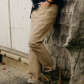 fit model showing the side of The Democratic All Day Pant in Light Khaki Broken Twill, Bottoms by Taylor Stitch