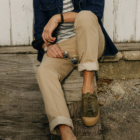 fit model showing the front of The Democratic All Day Pant in Light Khaki Broken Twill, Bottoms by Taylor Stitch