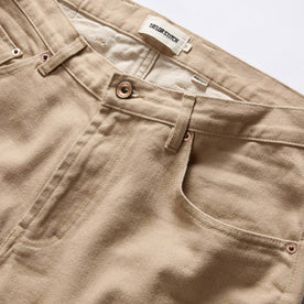 material shot of the button fly on The Democratic All Day Pant in Light Khaki Broken Twill, Bottoms by Taylor Stitch