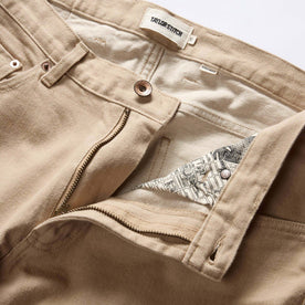 material shot of the zipper fly on The Democratic All Day Pant in Light Khaki Broken Twill, Bottoms by Taylor Stitch