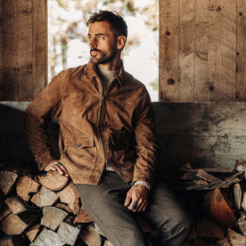 fit model in The James Jacket in Vintage Tan Suede, Outerwear by Taylor Stitch