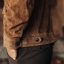 fit model showing the button back tab adjustment on The James Jacket in Vintage Tan Suede, Outerwear by Taylor Stitch