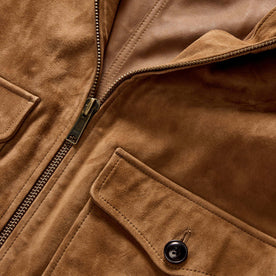 material shot of the YKK zipper on The James Jacket in Vintage Tan Suede, Outerwear by Taylor Stitch