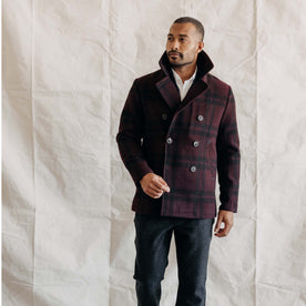 Fit model walking in The Mariner Coat in Port Plaid Wool, Outerwear by Taylor Stitch