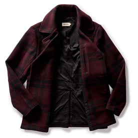 flatlay of The Mariner Coat in Port Plaid Wool, shown open, Outerwear by Taylor Stitch