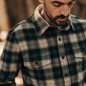 fit model showing the front of The Maritime Shirt Jacket in Dried Pine Plaid, Wovens by Taylor Stitch