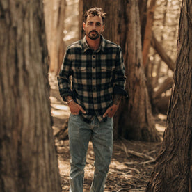 fit model in The Maritime Shirt Jacket in Dried Pine Plaid, Wovens by Taylor Stitch