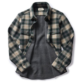 flatlay of The Maritime Shirt Jacket in Dried Pine Plaid, shown open, Wovens by Taylor Stitch