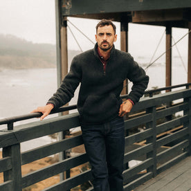 fit model in The Nomad Pullover in Charcoal Heather Sherpa, Knits by Taylor Stitch