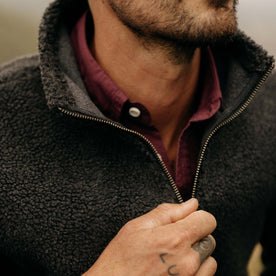 fit model zipping up The Nomad Pullover in Charcoal Heather Sherpa, Knits by Taylor Stitch