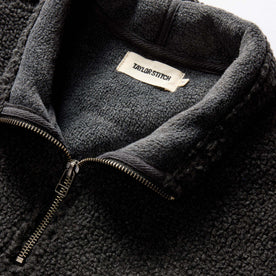 material shot of the collar on The Nomad Pullover in Charcoal Heather Sherpa, Knits by Taylor Stitch