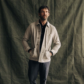 fit model in The Ojai Jacket in Oyster Suede, Outerwear by Taylor Stitch