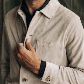 fit model wearing The Ojai Jacket in Oyster Suede, Outerwear by Taylor Stitch