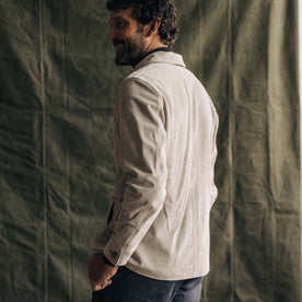 fit model showing the back of The Ojai Jacket in Oyster Suede, Outerwear by Taylor Stitch