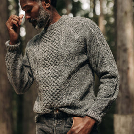 fit model in The Orr Sweater in Marled Coal Merino, Knits by Taylor Stitch