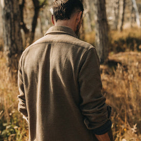 fit model showing the back of The Point Shirt in Cypress Sashiko, Wovens by Taylor Stitch