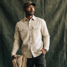 fit model in The Point Shirt in Natural Sashiko, Wovens by Taylor Stitch