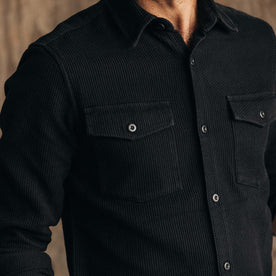 fit model showing the front of The Point Shirt in Coal Sashiko, Wovens by Taylor Stitch