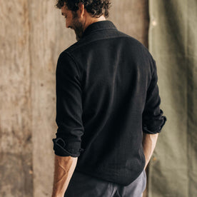 fit model showing the back of The Point Shirt in Coal Sashiko, Wovens by Taylor Stitch