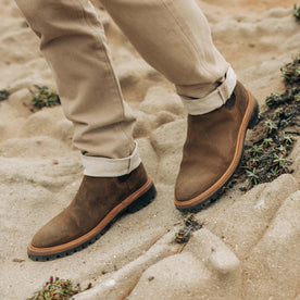 fit model in The Ranch Boot in Golden Brown Waxed Suede, Footwear by Taylor Stitch