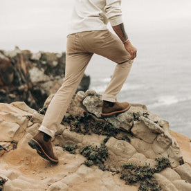 fit model walking in The Ranch Boot in Golden Brown Waxed Suede, Footwear by Taylor Stitch