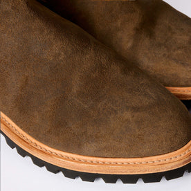 material shot of the upper and midsole of The Ranch Boot in Golden Brown Waxed Suede, Footwear by Taylor Stitch