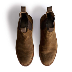 material shot of the top of The Ranch Boot in Golden Brown Waxed Suede, Footwear by Taylor Stitch