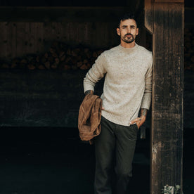 fit model in The Seafarer Sweater in Natural Donegal, Knits by Taylor Stitch