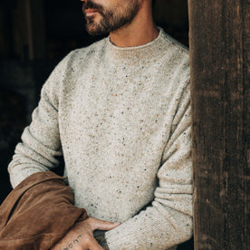 fit model in The Seafarer Sweater in Natural Donegal, Knits by Taylor Stitch