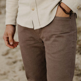 fit model showing the cuffs on The Slim All Day Pant in Silt Broken Twill, Bottoms by Taylor Stitch