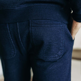 fit model showing the back pockets on The Sunset Pant in Indigo Terry, Bottoms by Taylor Stitch