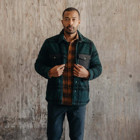 fit model in The Timberline Jacket in Dark Spruce Plaid, Outerwear by Taylor Stitch