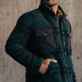 fit model showing the side of The Timberline Jacket in Dark Spruce Plaid, Outerwear by Taylor Stitch