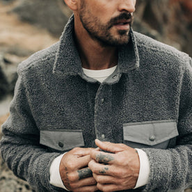 fit model buttoning The Timberline Jacket in Greystone Fleece, Outerwear by Taylor Stitch