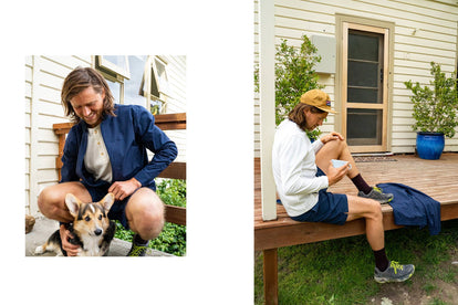 split shot of majell with his dog and drinking coffee